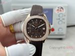 High Quality Replica PATEK PHILIPPE Aquanaut Luce Brown Integrated Composite Strap Brown Embossed Pattern Face Dial 48 Diamonds Inlaid Round Octagonal Case Watch 38mm
